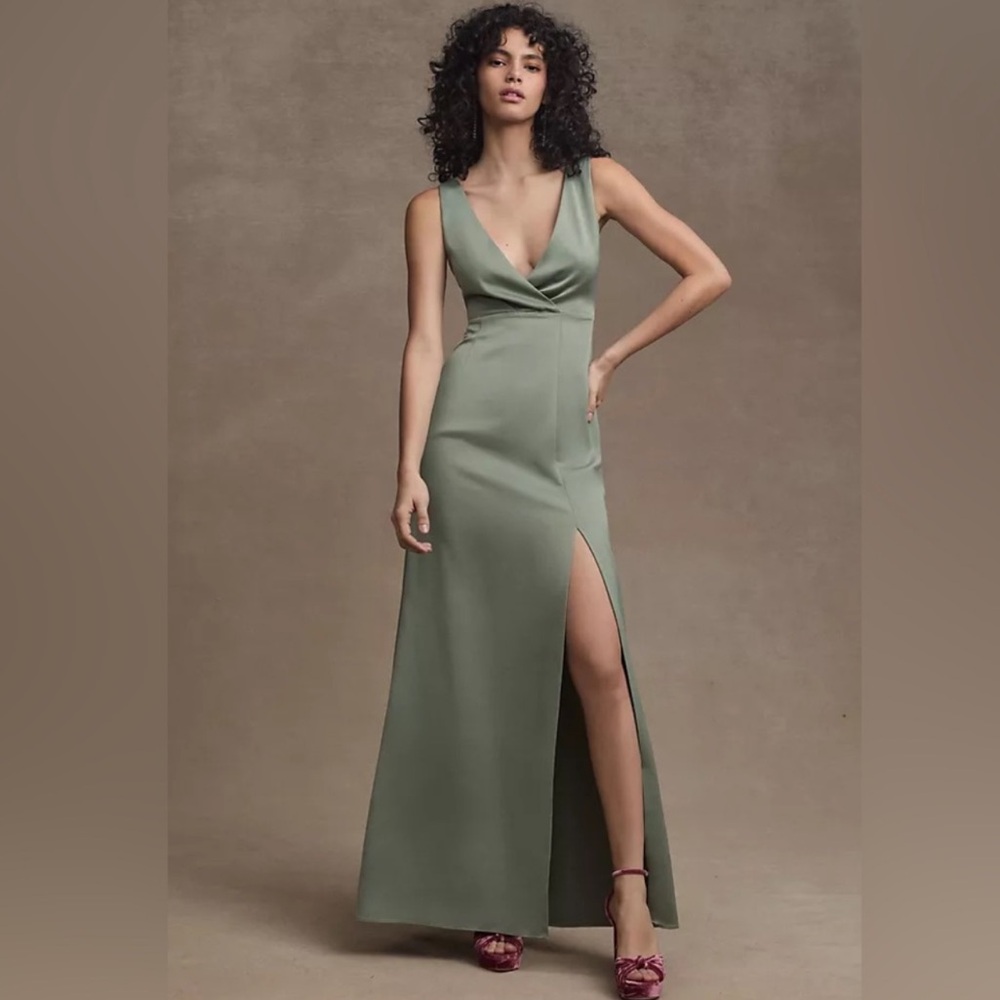 BHLDN Anthropologie Piper V-Neck Side Slit Satin Gown Dress NEW Size 0 Green